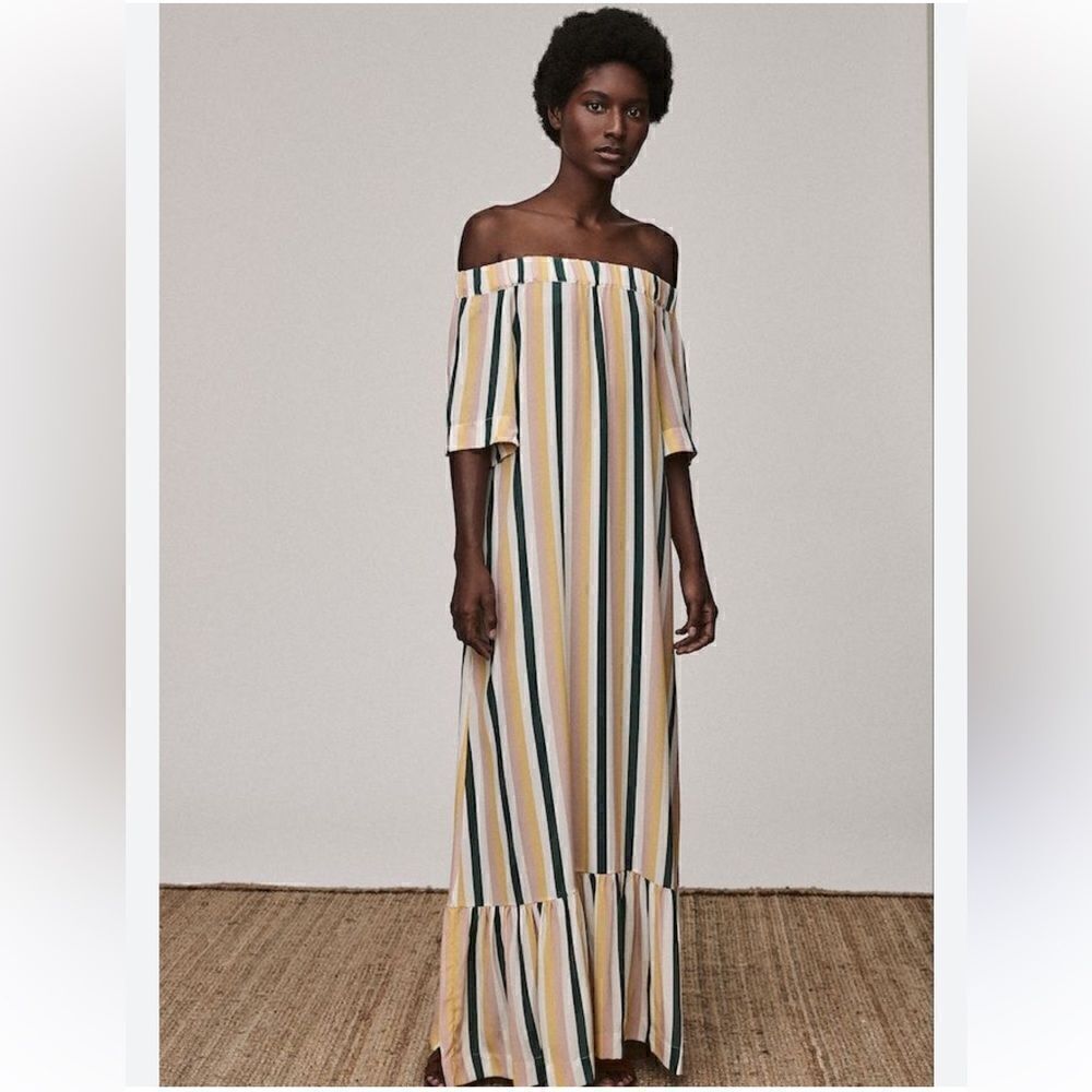 Asceno Silk Striped Off Shoulder Maxidress S